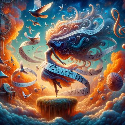 The primary subject of the image is a woman with long hair, who is standing on a cloud. She is surrounded by a variety of birds and musical notes, creating a whimsical and artistic scene. The setting is a cloudy sky, and the visual style is a digital art or illustration. The colors and mood of the image are predominantly blue and white, giving it a serene and dreamy atmosphere.